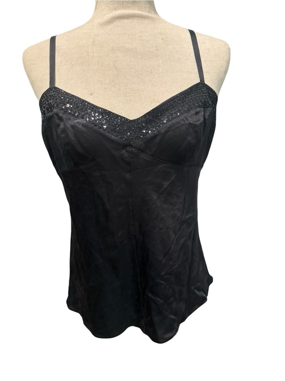 Y2K Express Silk Stretch Going Out Sequin Trim Babydoll Cami Top Sz M Whimsigoth